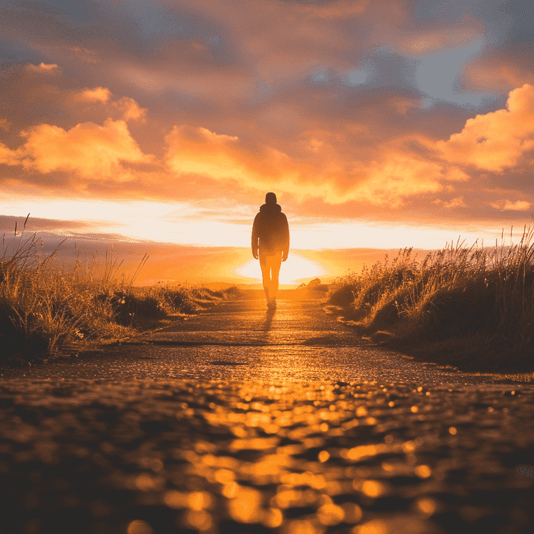 Individual standing on a path looking towards a sunrise, symbolizing recovery and hope after a personal injury.