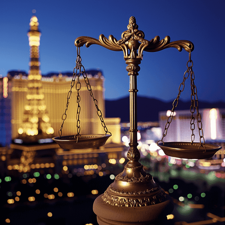 Scales of justice overlaid on a Las Vegas cityscape, symbolizing local legal expertise.