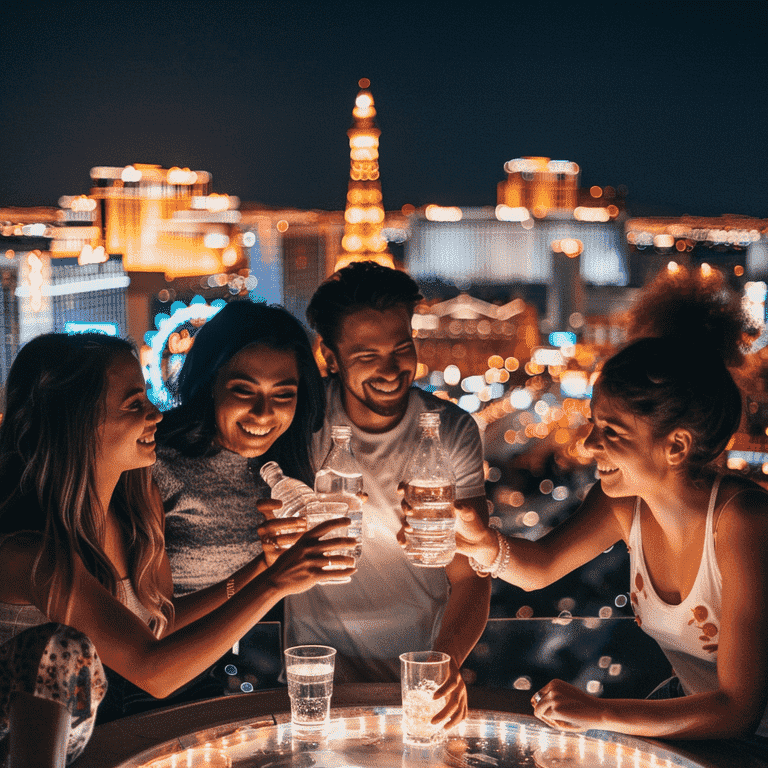 Friends toasting with water bottles for hydration against the Las Vegas skyline at night.