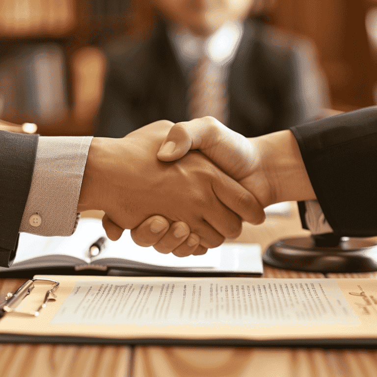 Handshake over a legal document with a courtroom backdrop, symbolizing successful resolution of truck accident claims.