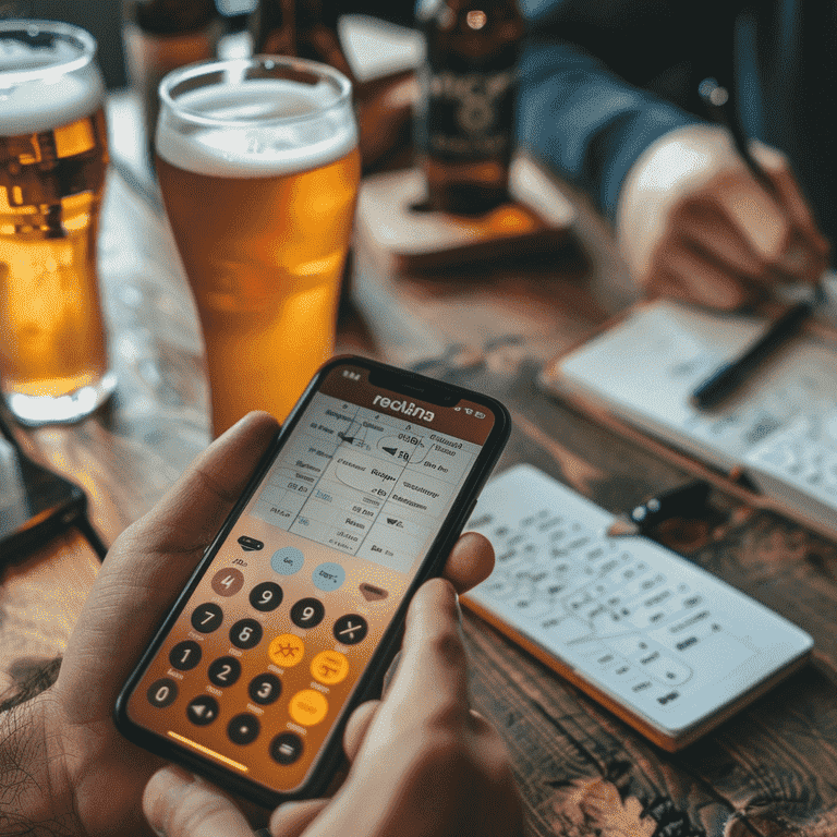 Using a calculator app to track beer intake with notepad and beer glasses on table.