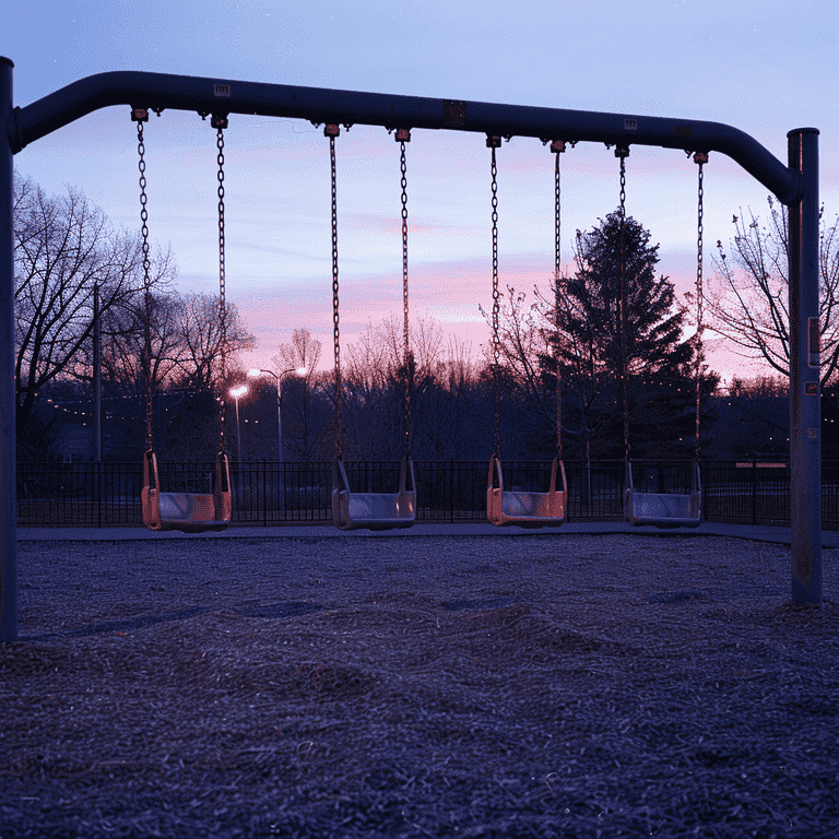 Deserted playground at dusk with gently moving swings.