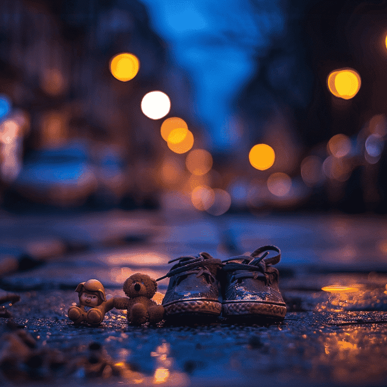 Empty child's shoes next to a toy on an empty street at twilight.