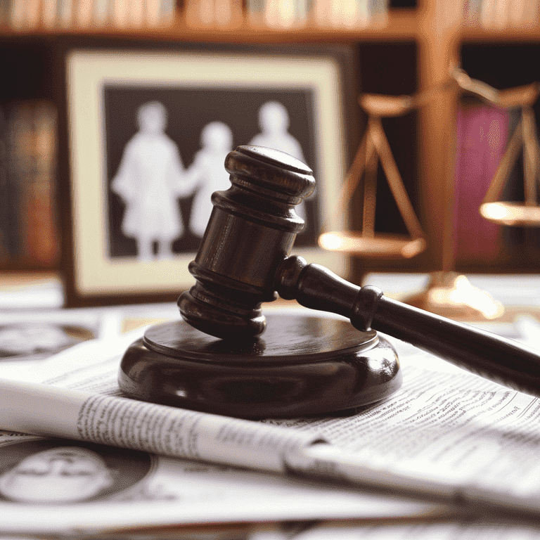 Gavel on legal documents with a family photograph in the background.