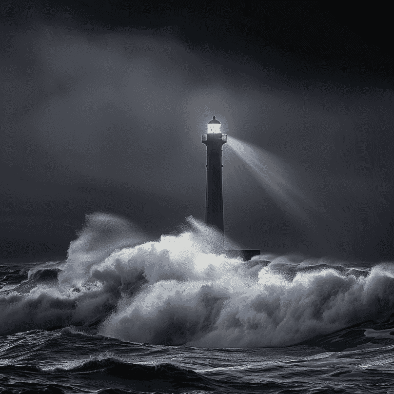 Lighthouse shining its beam across a tumultuous sea at night.