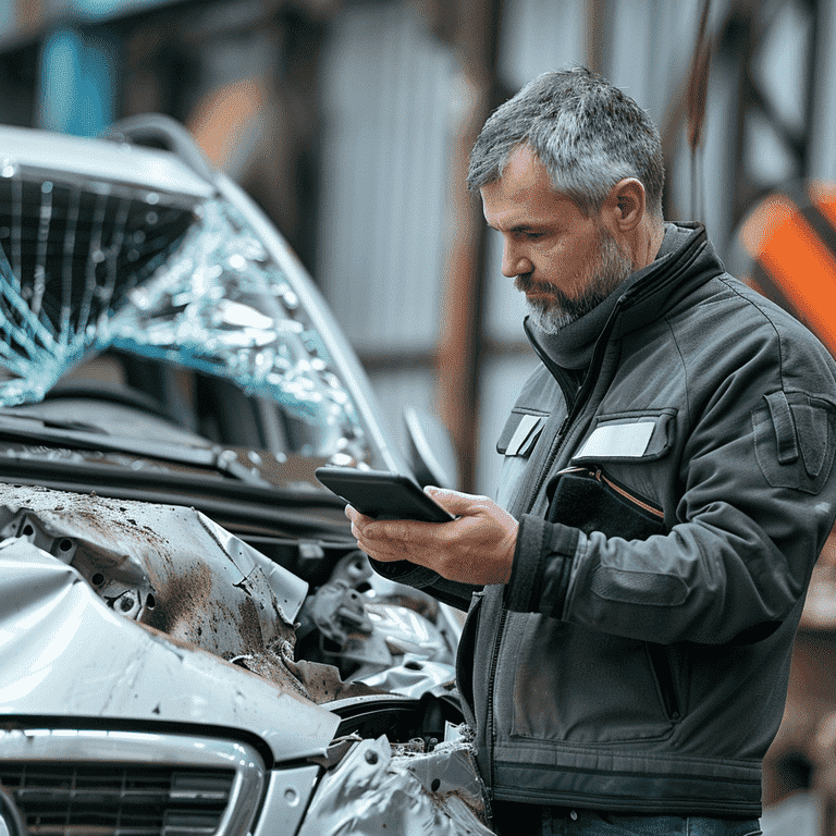 Expert analyzing car damage at an accident scene for reconstruction.