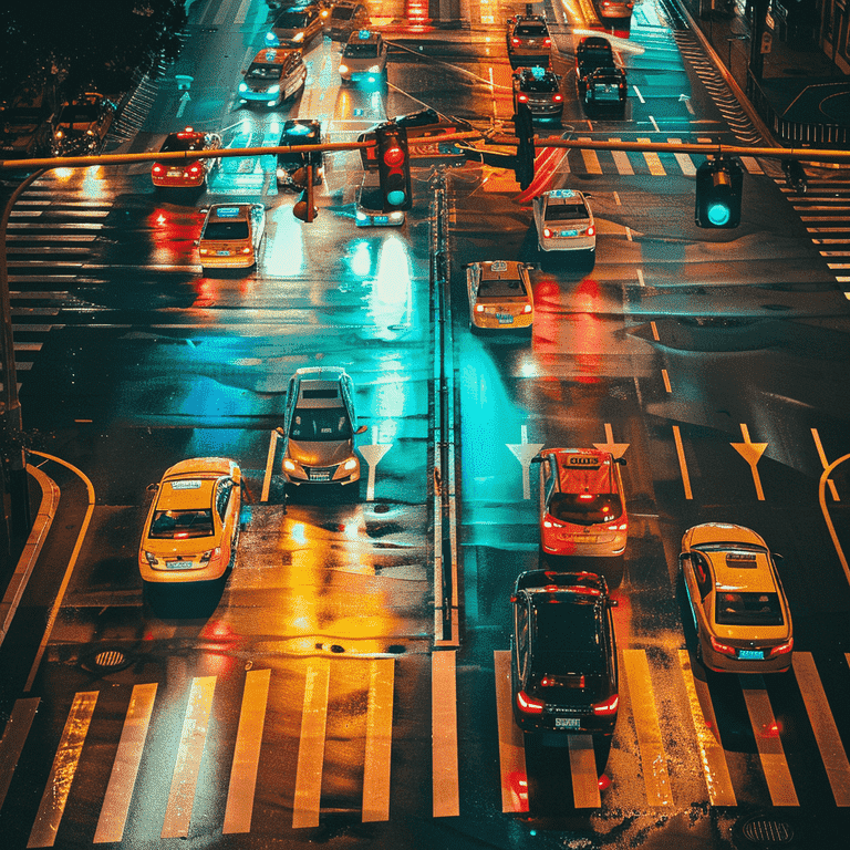 Busy intersection with 'No Turn on Red' sign among other traffic signs.