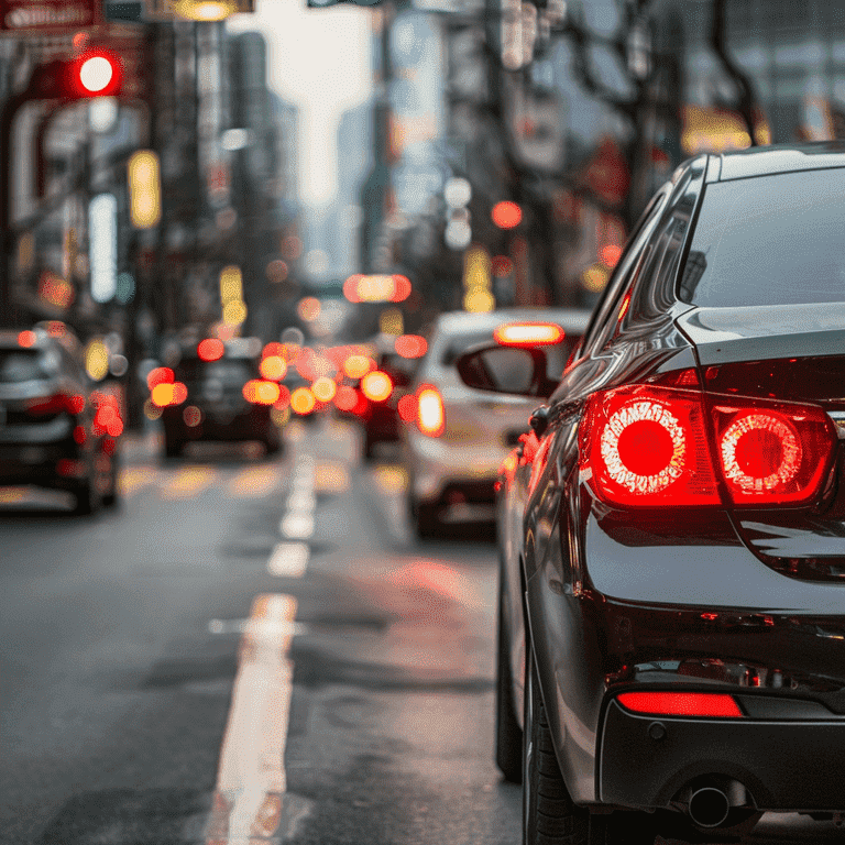 Car at red light preparing for a safe right turn, checking for pedestrians and traffic.