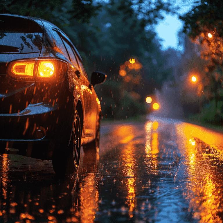 Car with hazard lights in heavy rainstorm on roadside