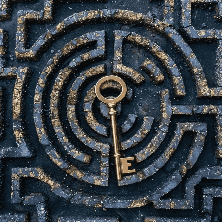 Aerial view of a maze with a golden key in the center, representing challenges and considerations.