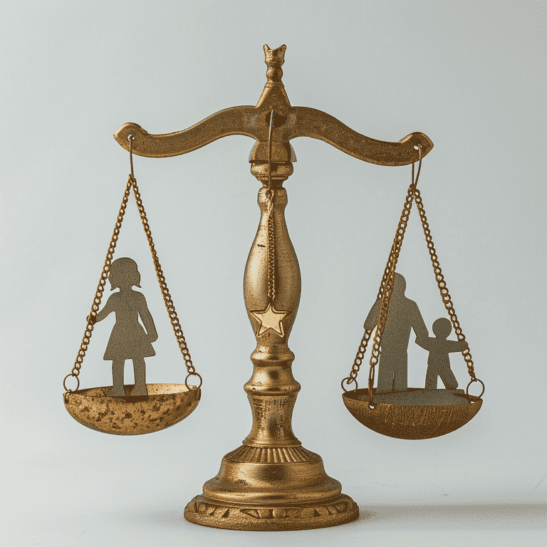 Scale of justice balancing family and financial stability symbols.