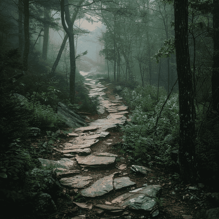 Foggy, winding path through dense forest symbolizing challenges with specific bequests.