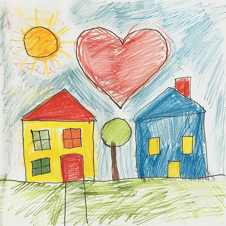 Child's drawing of a heart between two houses