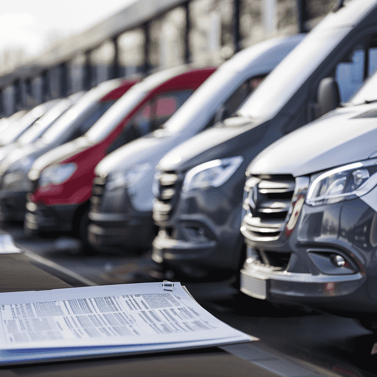 Company vehicles with an insurance policy document highlighting coverage.