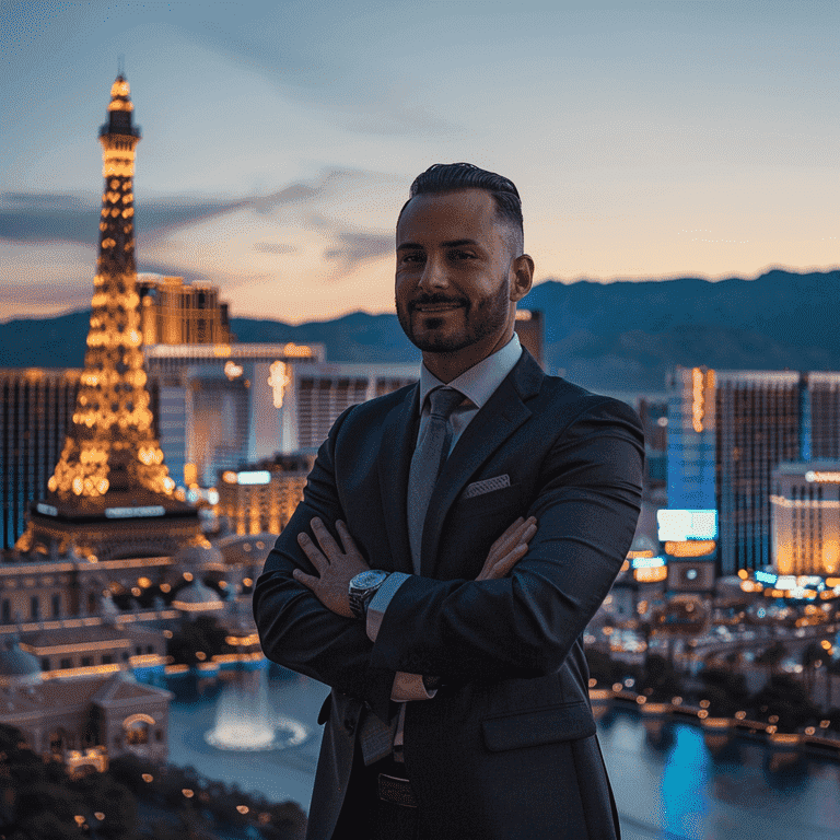 Confident Attorney and Las Vegas Skyline