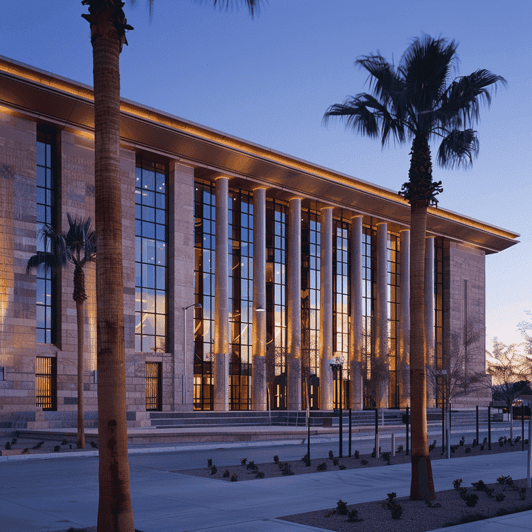 Las Vegas courthouse at dawn, symbolizing the decision to settle or go to court