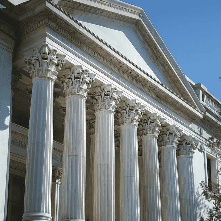 Imposing courthouse pillars symbolizing legal recourse for recovering losses from an accident.