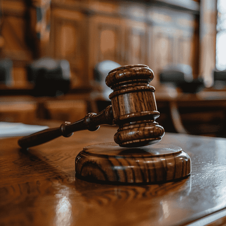 Gavel on its striking block in a courtroom, symbolizing the finalization of a verdict.