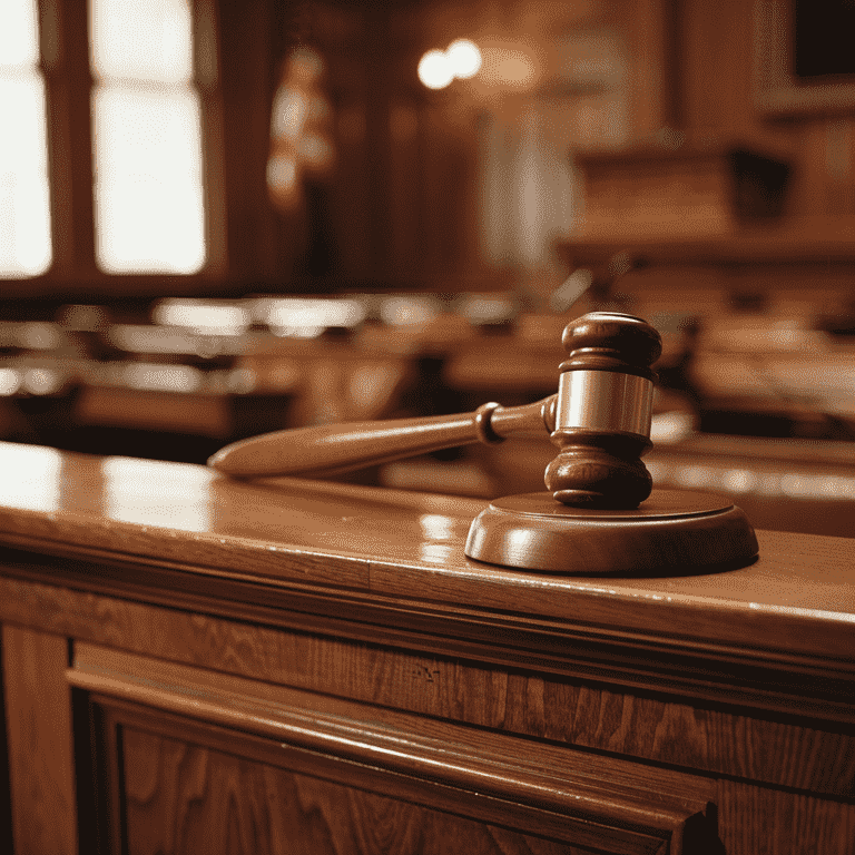 Courtroom view with judge's gavel, symbolizing legal actions and compensation.