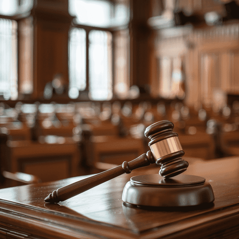 Empty courtroom with a gavel, symbolizing preparation for legal proceedings.