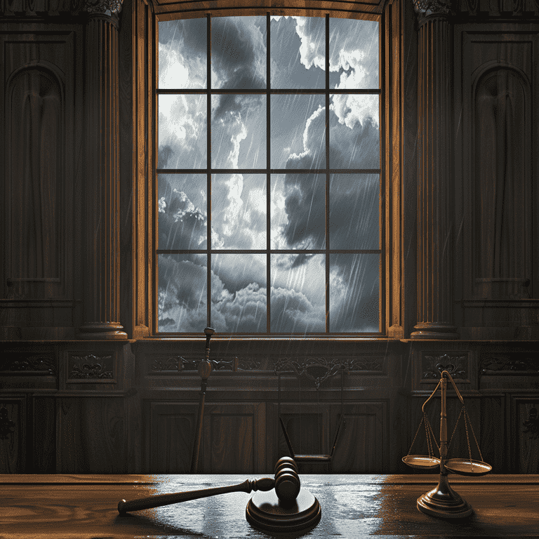 Courtroom with gavel, scales of justice, and stormy weather outside.