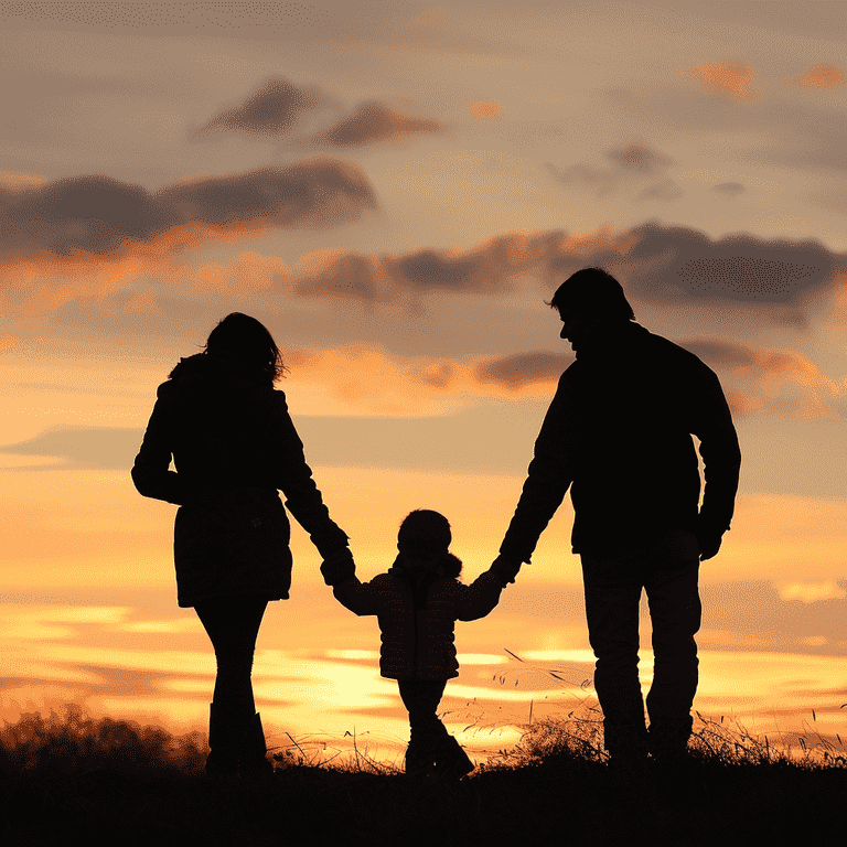 Silhouette of two parents holding hands, with a child in the middle