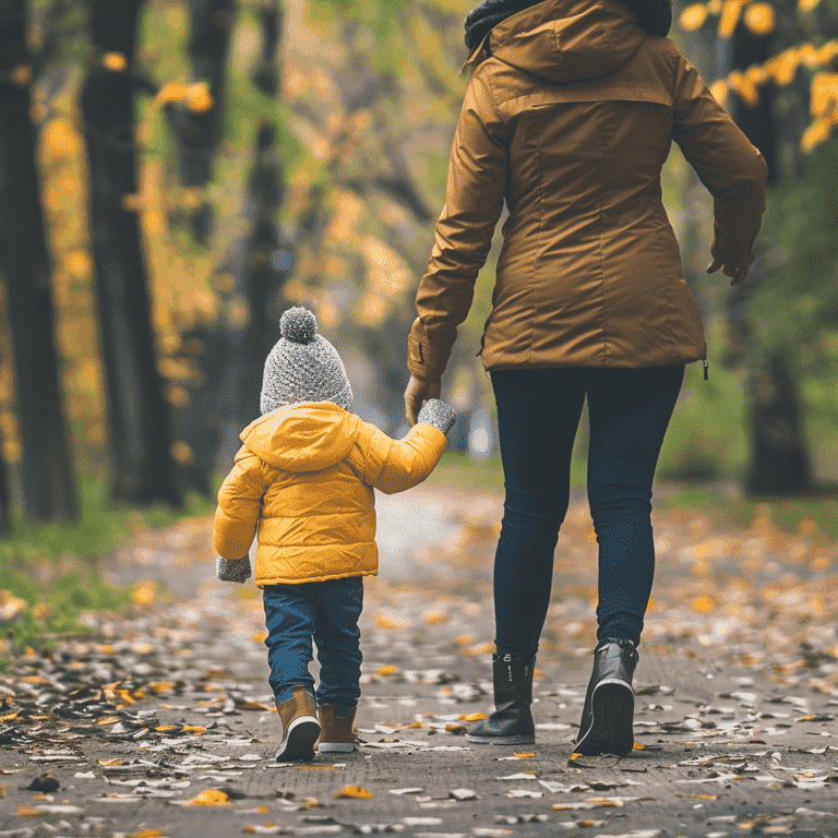 Parent and child walking together in a park