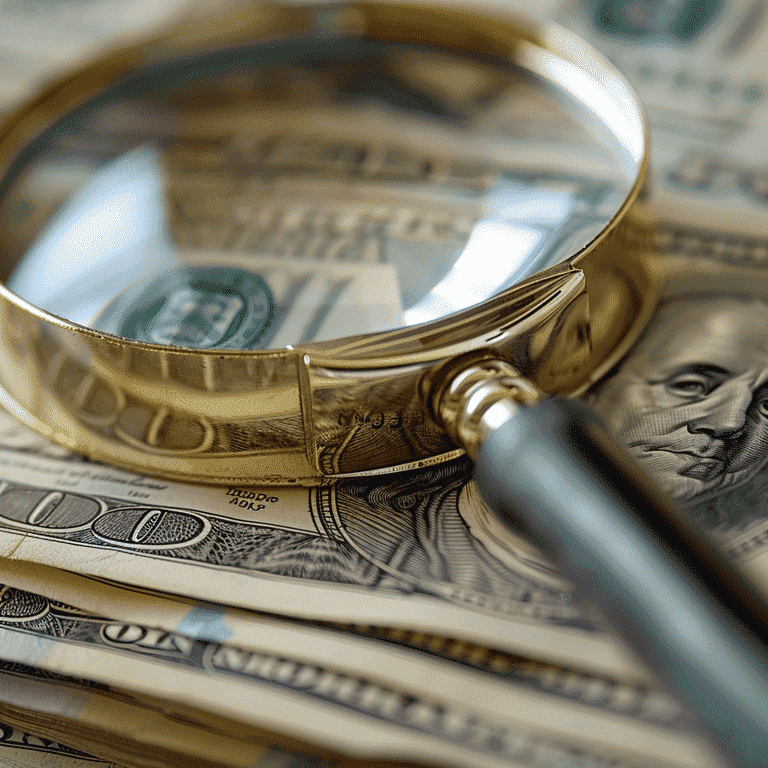 Magnifying glass on top of a stack of dollar bills