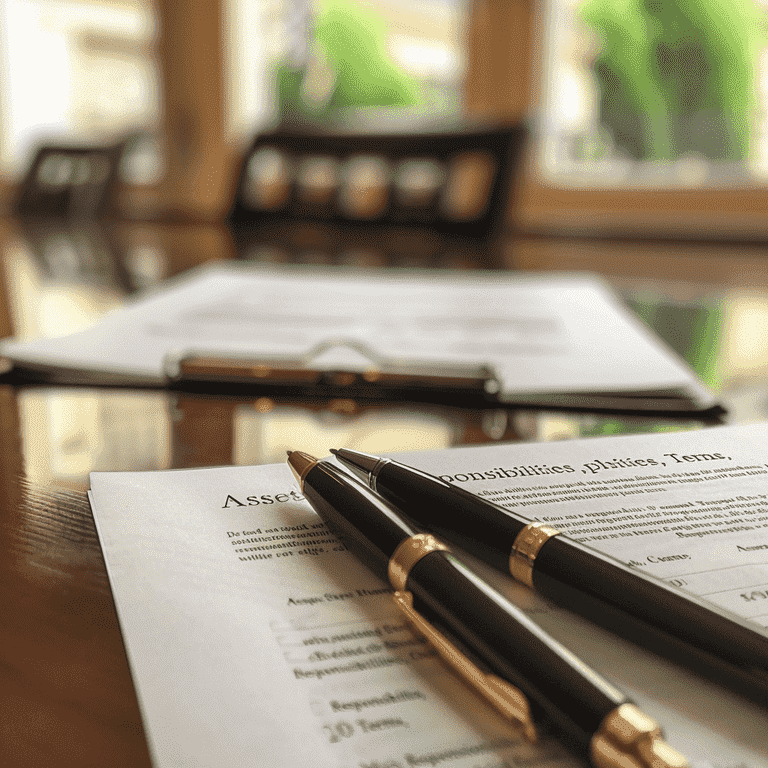 Pens and a postnuptial agreement document highlighting key sections on a wooden desk.