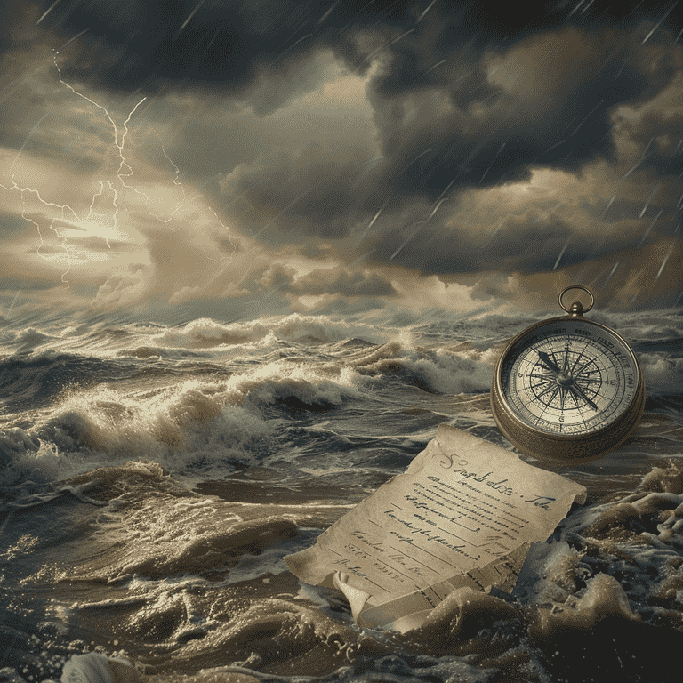 Stormy sea with compass and legal document symbolizing enforcement challenges