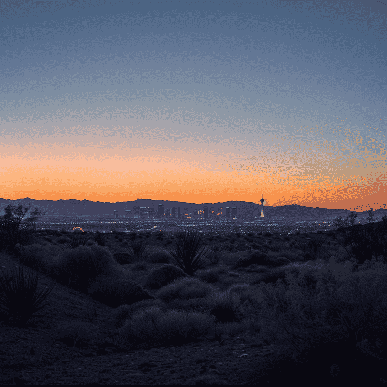 Serene Nevada desert landscape at sunset with Las Vegas skyline silhouette.