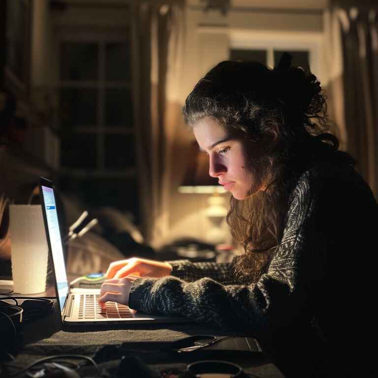 woman overlooking lit laptop in dark space