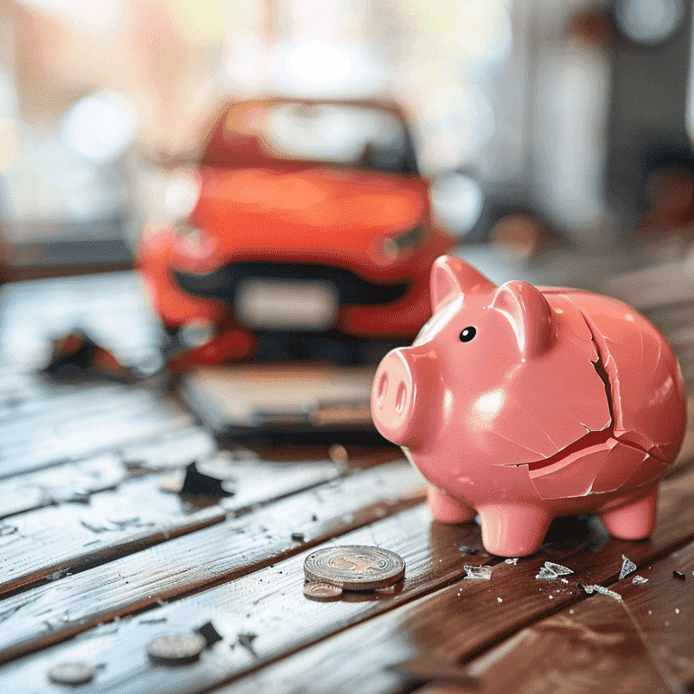 Piggy bank and broken car toy symbolizing financial implications