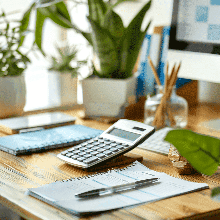 Financial planning desk setup with calculator and notepad