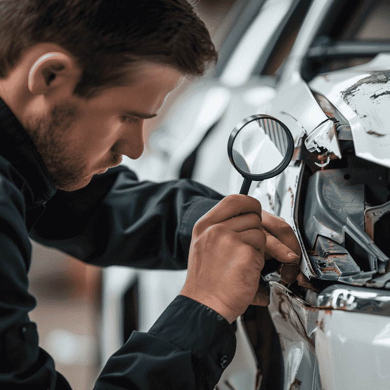 Forensic collision investigator examining vehicle damage