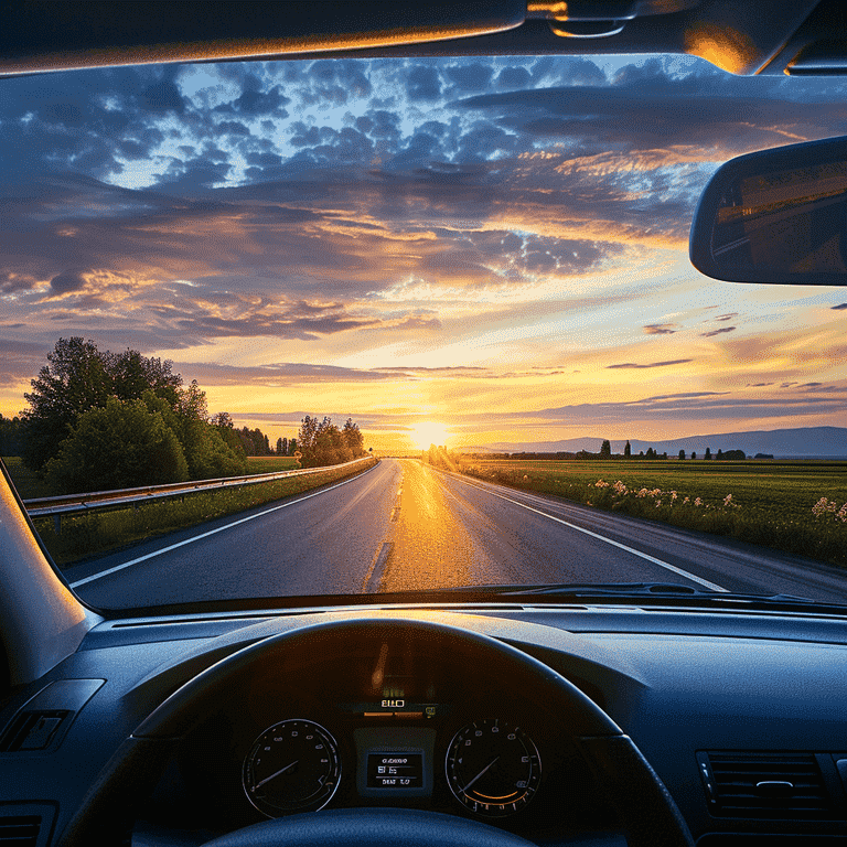Sunrise on a scenic route viewed from a driver's perspective, symbolizing full license privileges