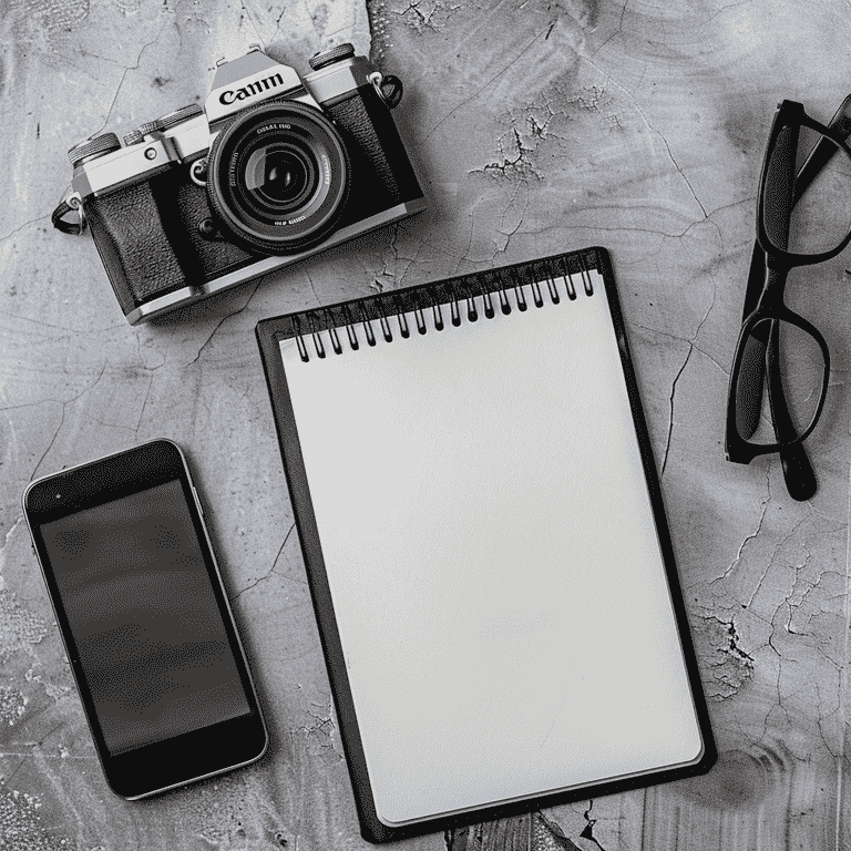 Notepad, camera, and smartphone on desk for gathering evidence