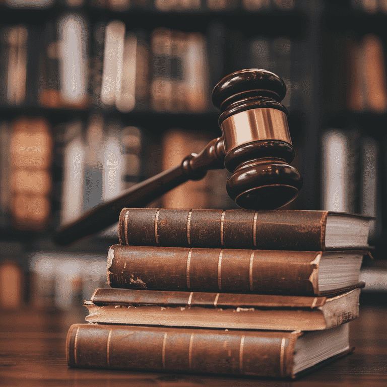 Gavel on legal books in courtroom