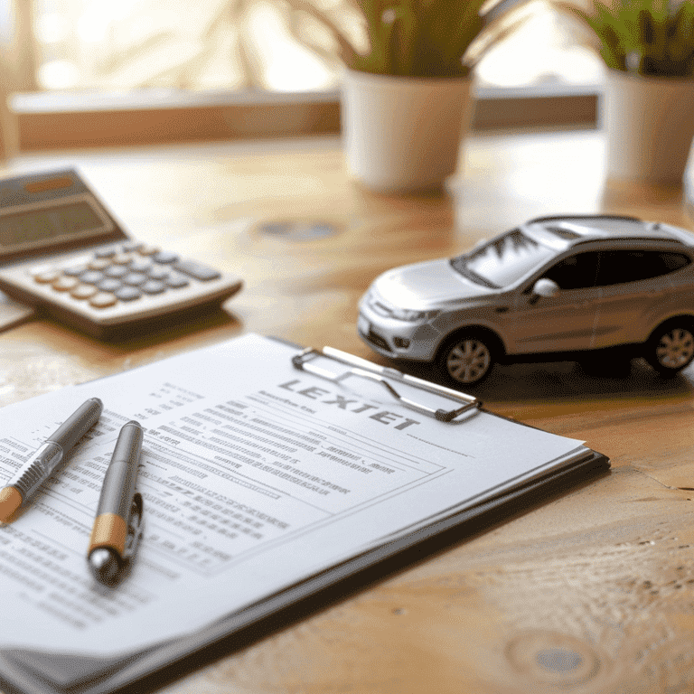 Lease agreement, calculator, and overturned model car on desk