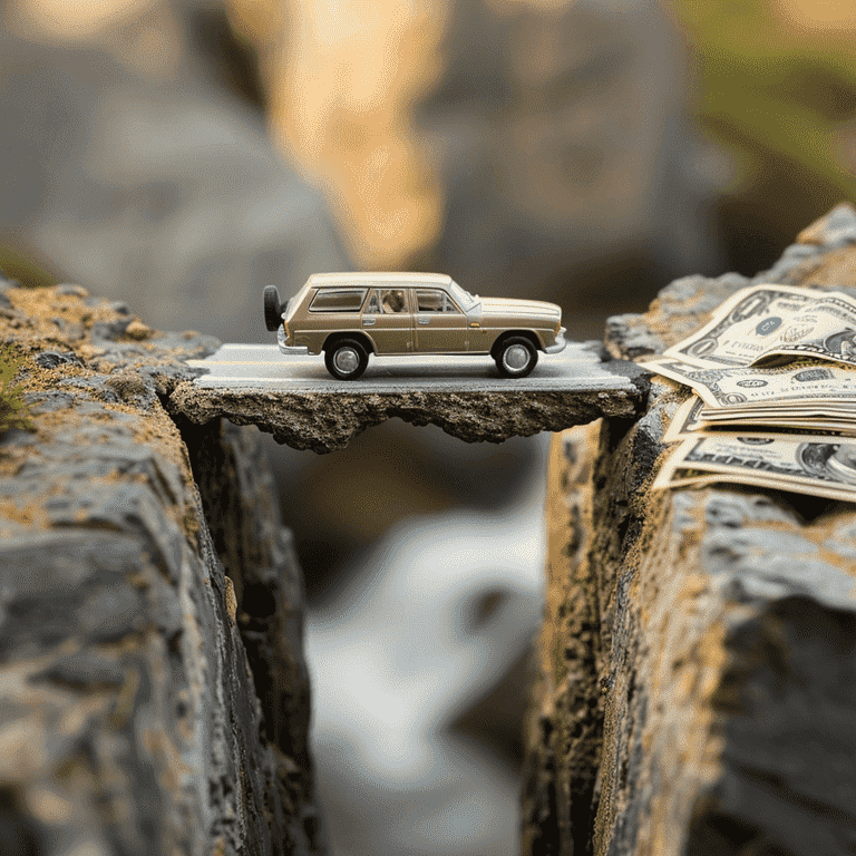 Bridge gap with toy car and cash pile symbolizing gap insurance