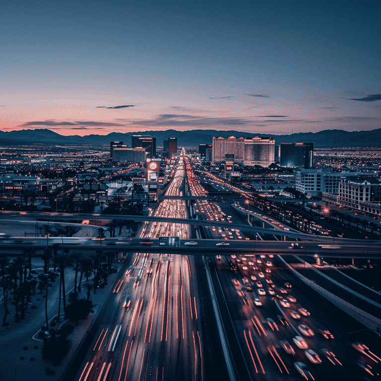 Las Vegas cityscape at dusk with traffic.