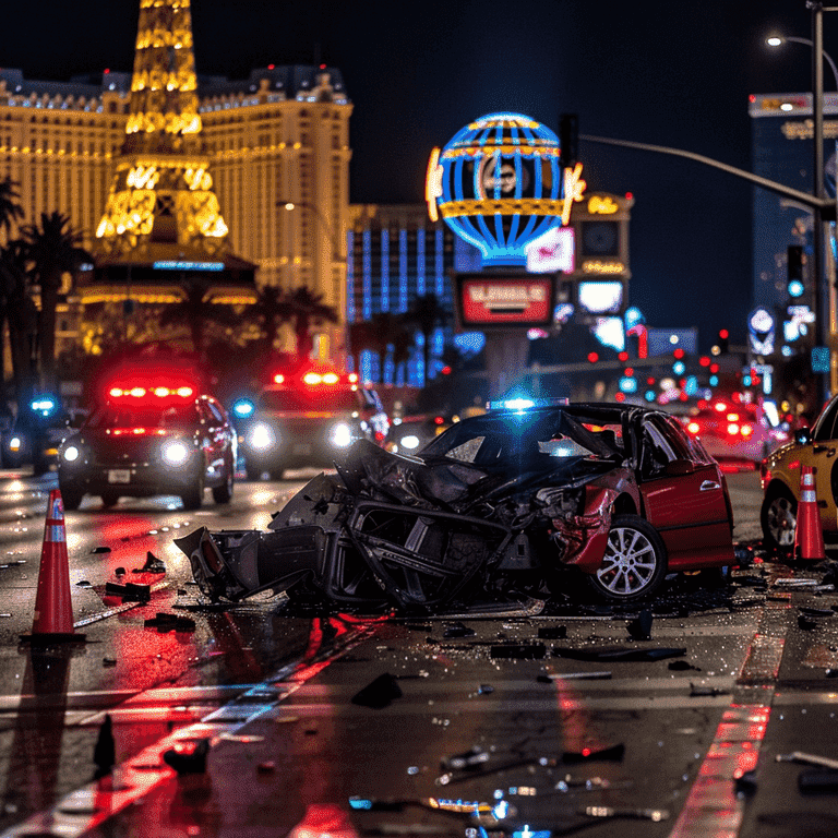 Totaled leased car at an accident scene in Las Vegas with police investigation.