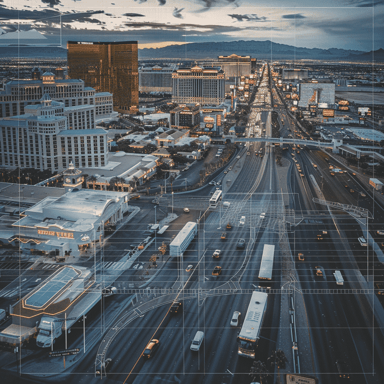 Aerial view of Las Vegas with company vehicles and a legal document representing case studies.