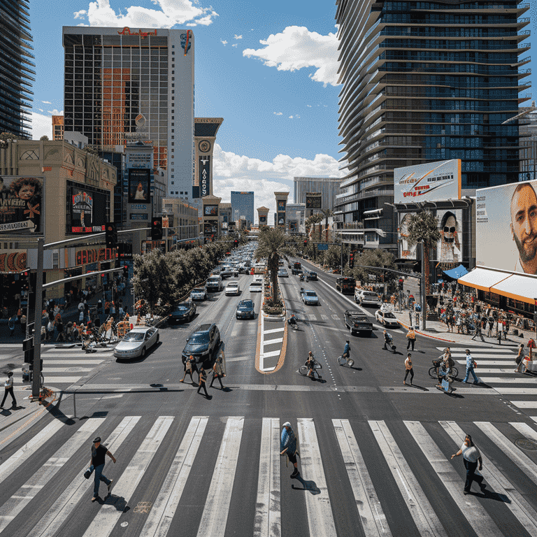 Busy Las Vegas street highlighting pedestrian safety features.