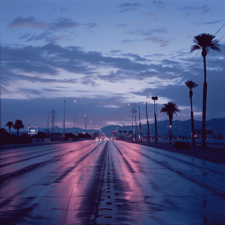 Deserted Las Vegas road at twilight, symbolizing calm after a taxi accident