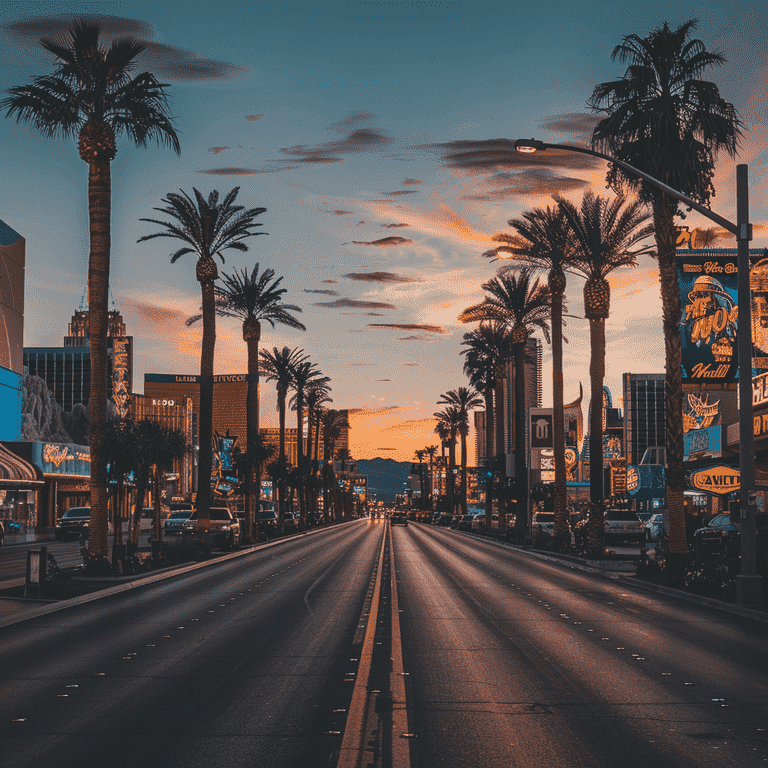 Serene dusk view of a Las Vegas street, highlighting safety and vibrancy.