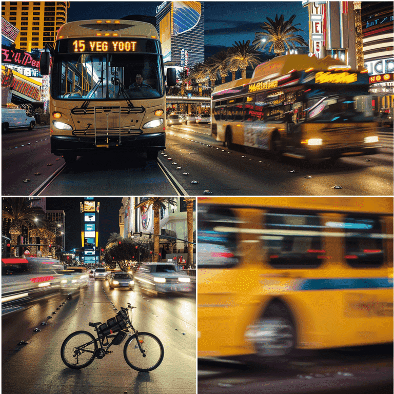 Collage of Las Vegas transportation options: bus, taxi, and bicycle.