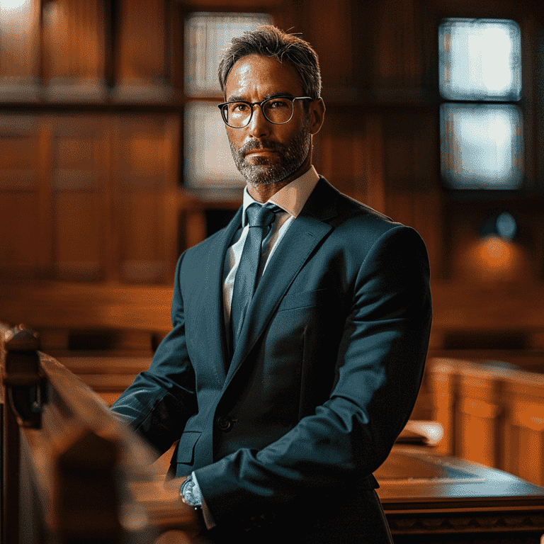 Confident lawyer standing in front of a courtroom