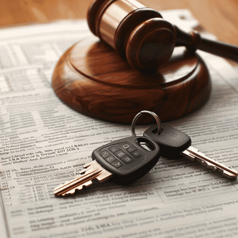 Gavel and car keys on a legal document symbolizing legal consequences after a car accident