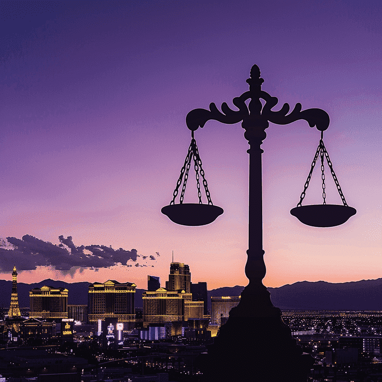 Las Vegas skyline with scales of justice silhouette